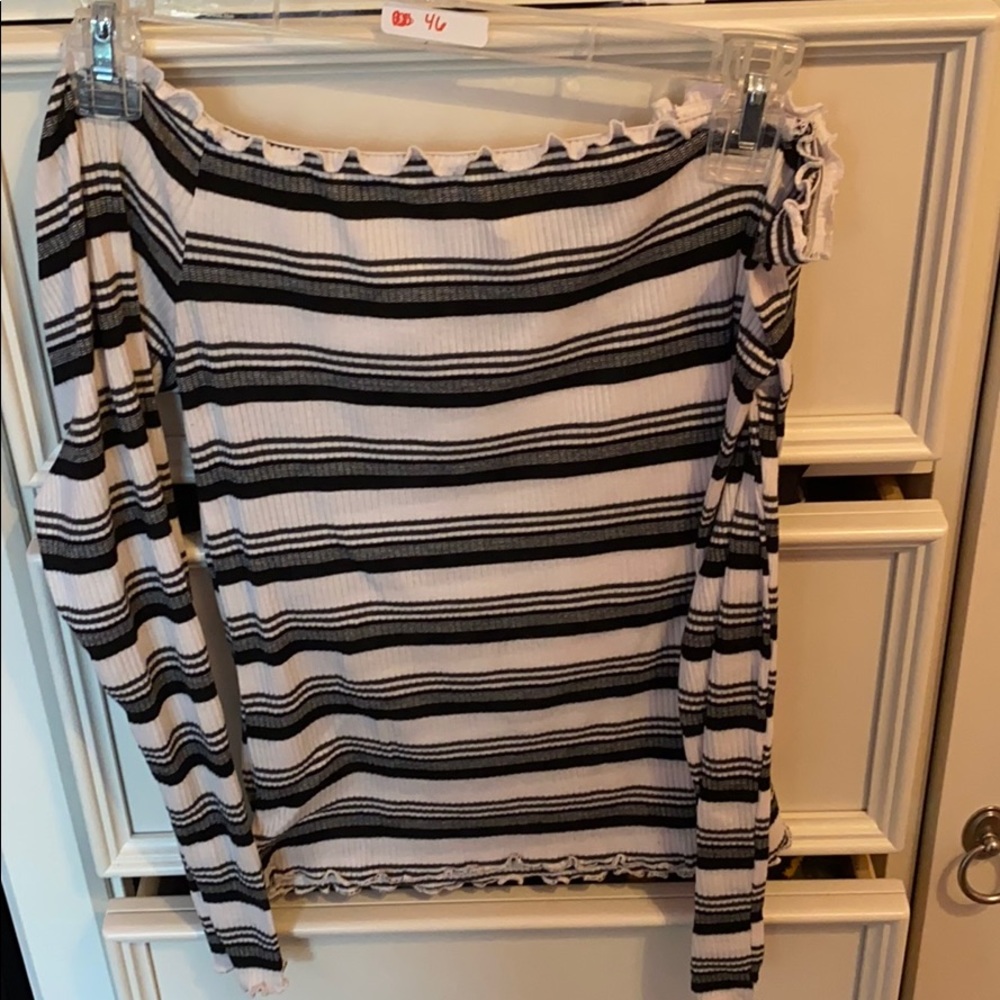 black and white striped off the shoulder shirt
